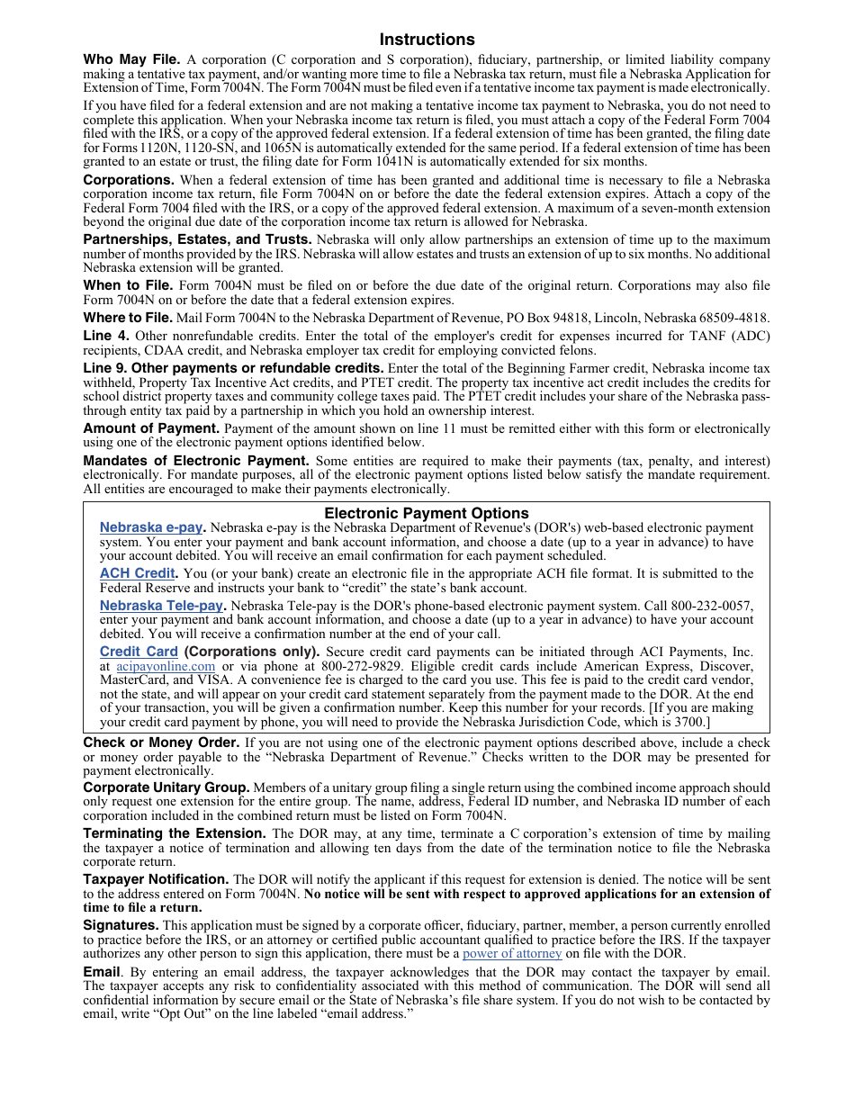 Form 7004N Application for Automatic Extension of Time to File Nebraska Corporation, Fiduciary, or Partnership Return - Nebraska, Page 2
