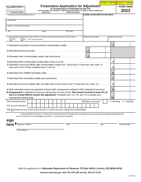 Form 4466N Corporation Application for Adjustment of Overpayment of Estimated Income Tax - Nebraska, 2023
