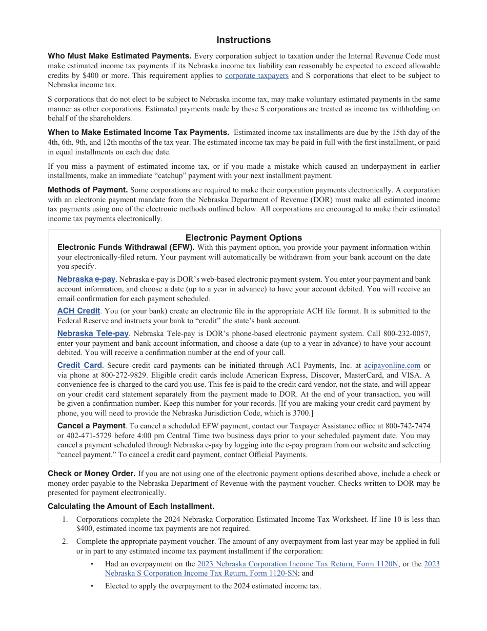 Form 1120N-ES Nebraska Corporation Estimated Income Tax Worksheet - Nebraska, Page 2
