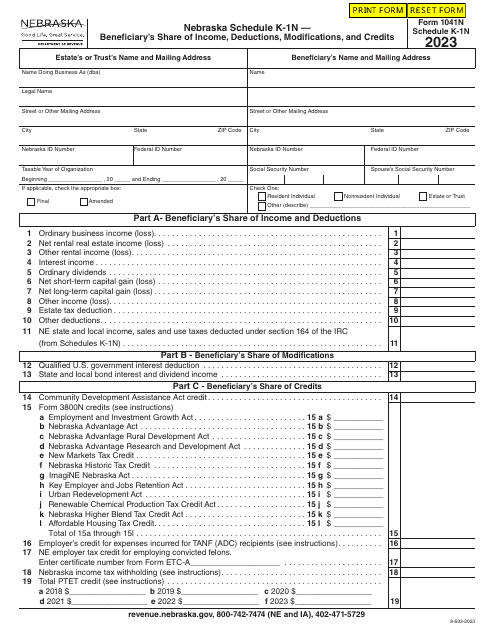 Form 1041N Schedule K-1N Beneficiary's Share of Income, Deductions, Modifications, and Credits - Nebraska, 2023
