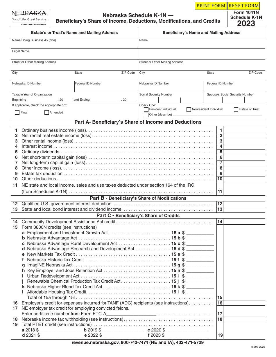 Form 1041N Schedule K-1N Beneficiarys Share of Income, Deductions, Modifications, and Credits - Nebraska, Page 1