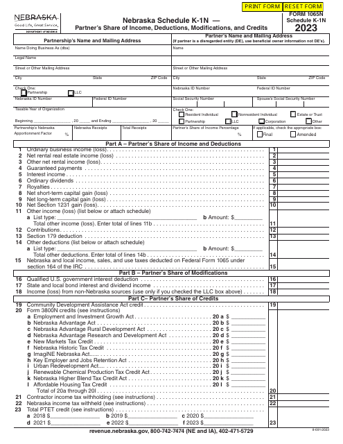 Form 1065N Schedule K-1N Partner's Share of Income, Deductions, Modifications, and Credits - Nebraska, 2023