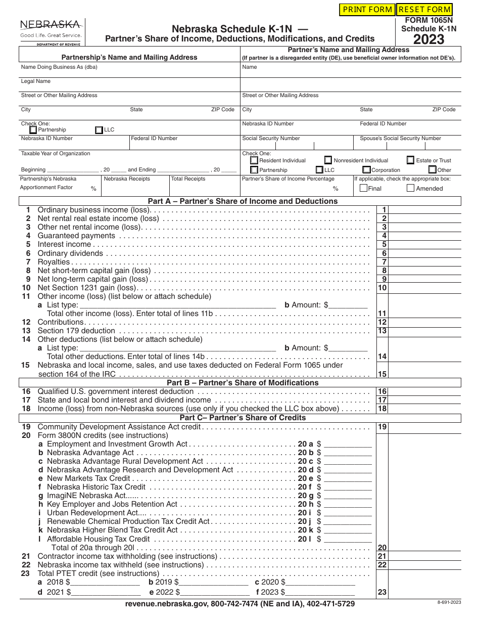 Form 1065N Schedule K-1N Partners Share of Income, Deductions, Modifications, and Credits - Nebraska, Page 1