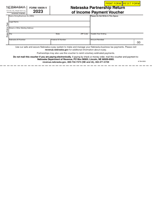 Form 1065N-V Nebraska Partnership Return of Income Payment Voucher - Nebraska, 2023