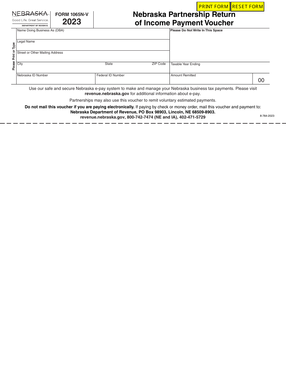 Form 1065N-V Nebraska Partnership Return of Income Payment Voucher - Nebraska, Page 1