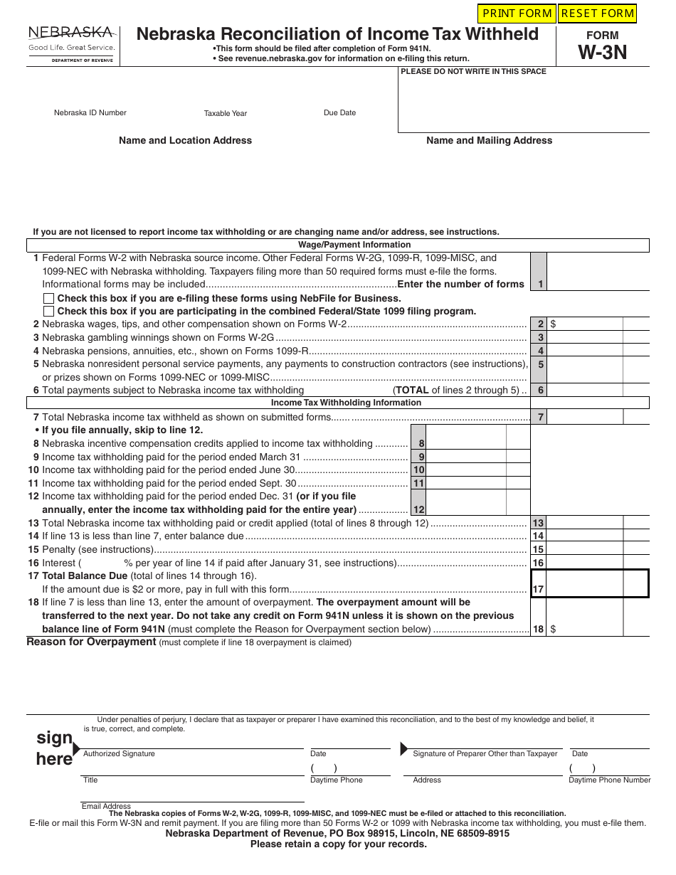 Form W-3N Nebraska Reconciliation of Income Tax Withheld - Nebraska, Page 1