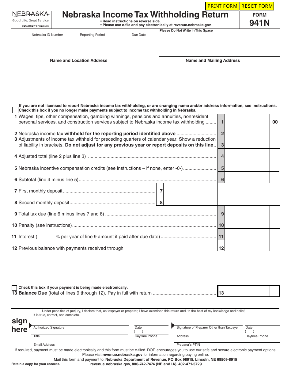 Form 941N Download Fillable PDF or Fill Online Nebraska Tax
