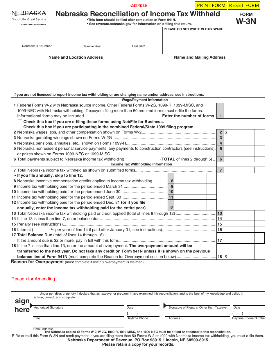 Form W-3N Amended Nebraska Reconciliation of Income Tax Withheld - Nebraska, Page 1