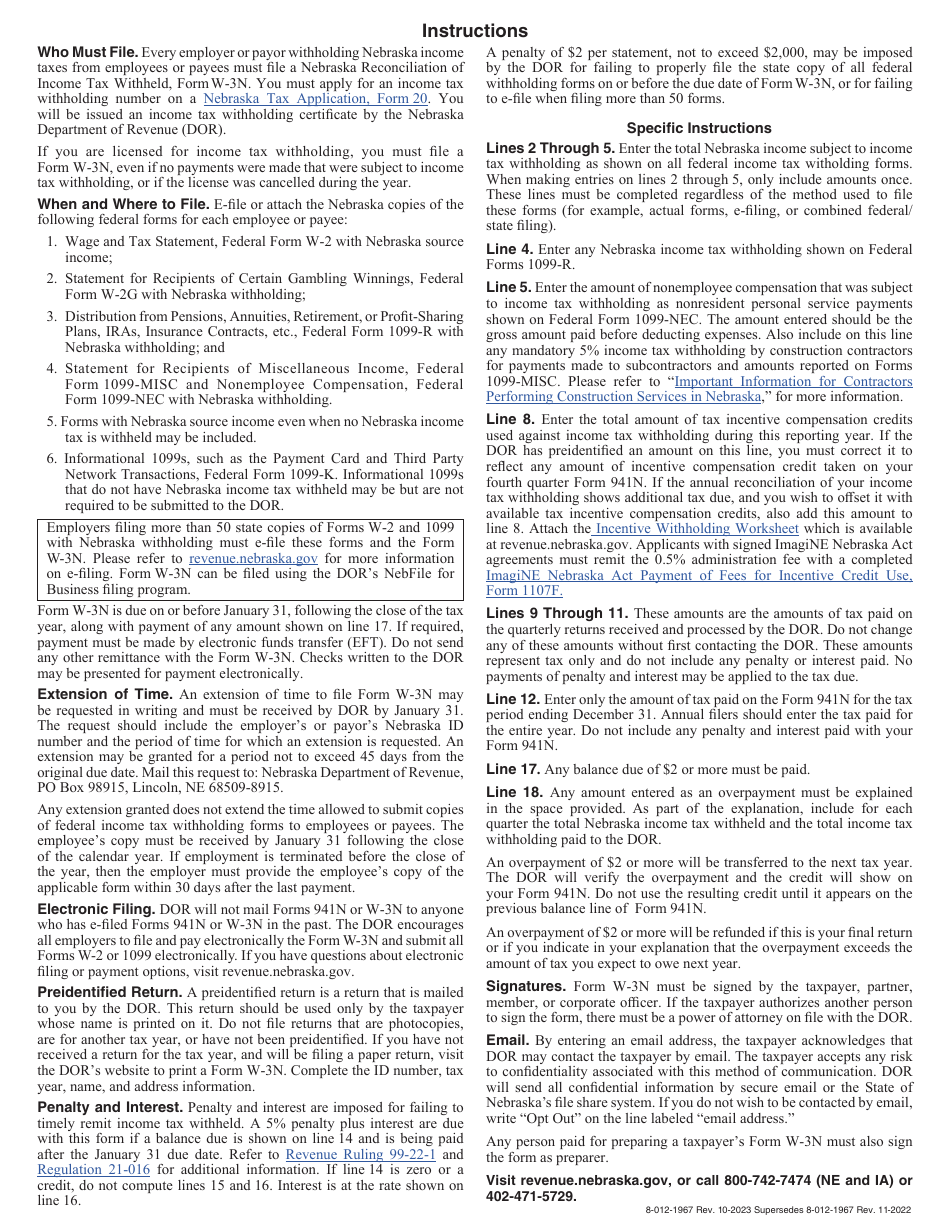 Form W-3N Amended Nebraska Reconciliation of Income Tax Withheld - Nebraska, Page 2