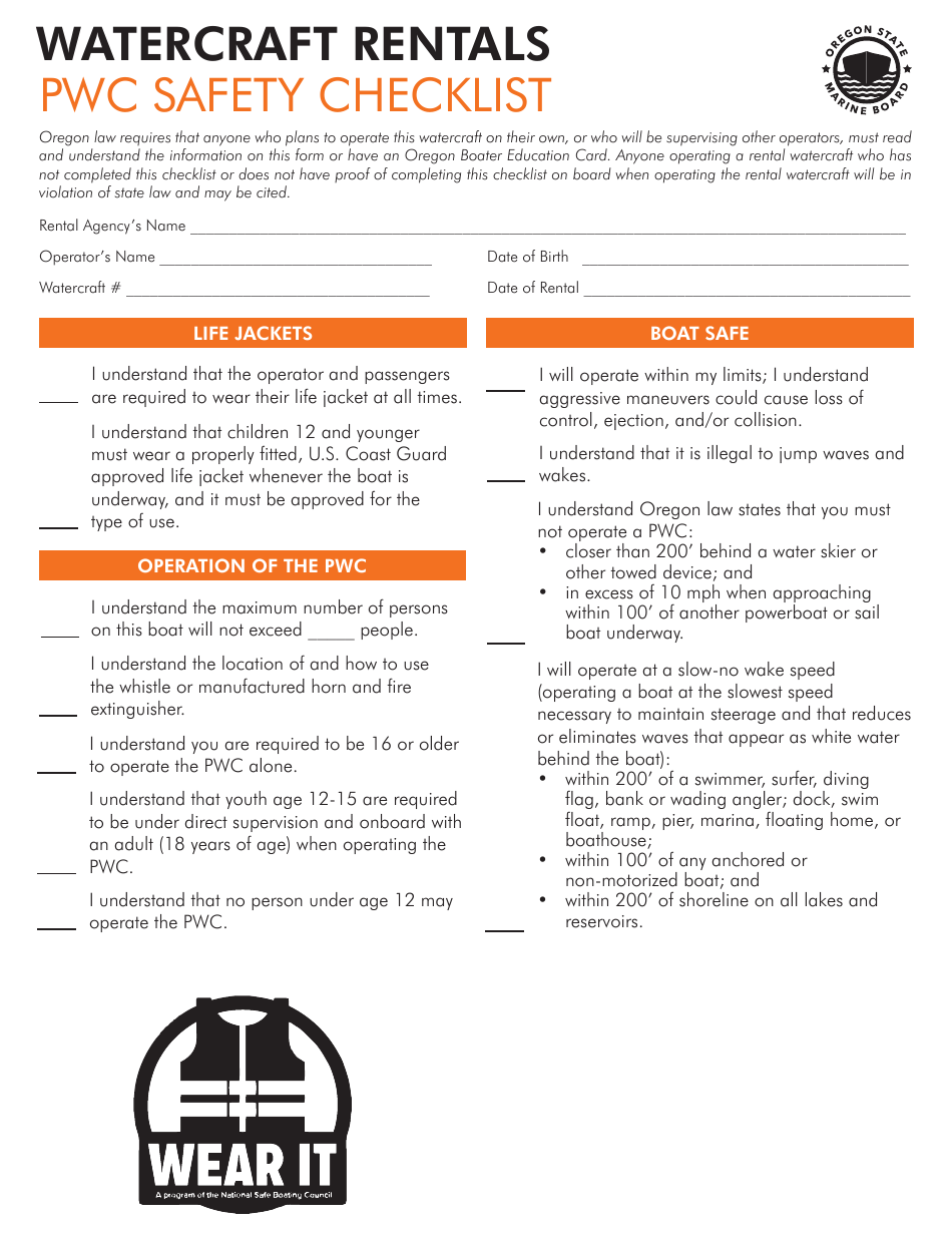 Watercraft Rentals Pwc Safety Checklist - Oregon, Page 1