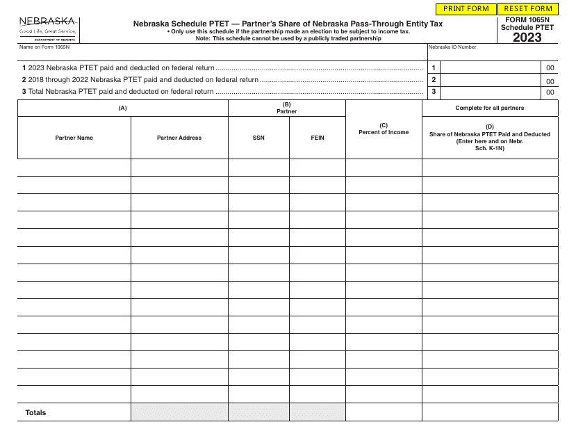 Form 1065N Schedule PTET Partner's Share of Nebraska Pass-Through Entity Tax - Nebraska, 2023