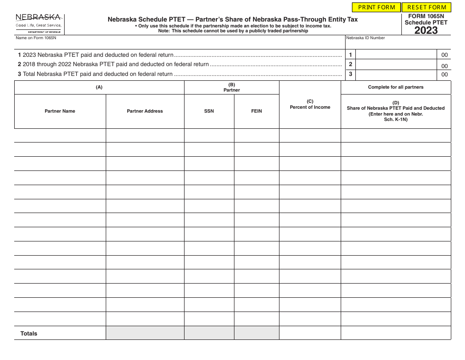 Form 1065N Schedule PTET Partners Share of Nebraska Pass-Through Entity Tax - Nebraska, Page 1