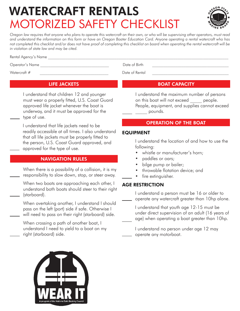 Watercraft Rentals Motorized Safety Checklist - Oregon, Page 1