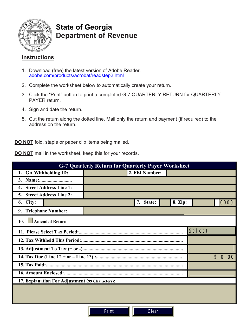 Form G-7Q Quarterly Return for Quarterly Payer - Georgia (United States), Page 1