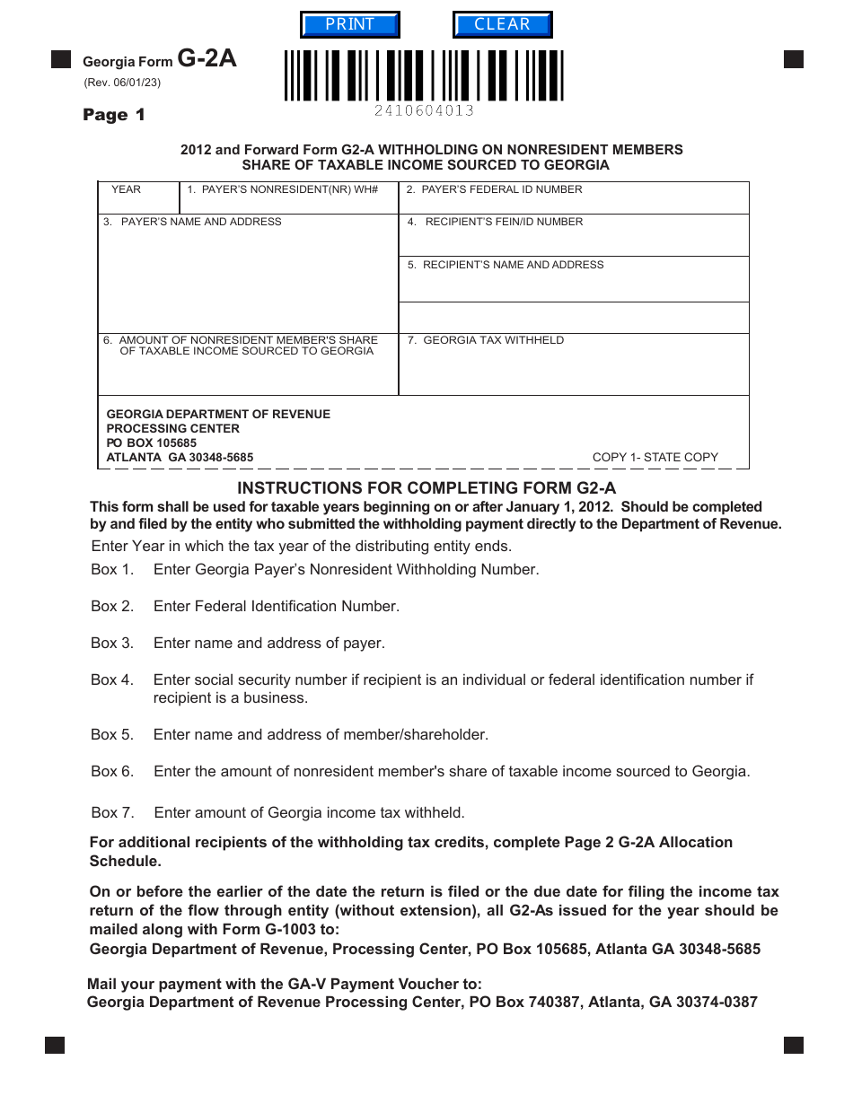 Form G-2A Withholding on Nonresident Members Share of Taxable Income Sourced to Georgia - Georgia (United States), Page 1
