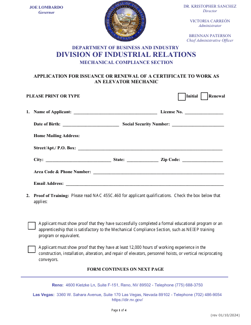 Application for Issuance or Renewal of a Certificate to Work as an Elevator Mechanic - Nevada