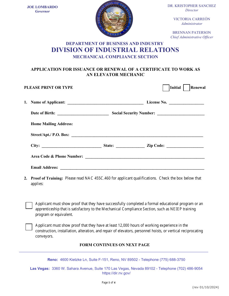 Application for Issuance or Renewal of a Certificate to Work as an Elevator Mechanic - Nevada, Page 1