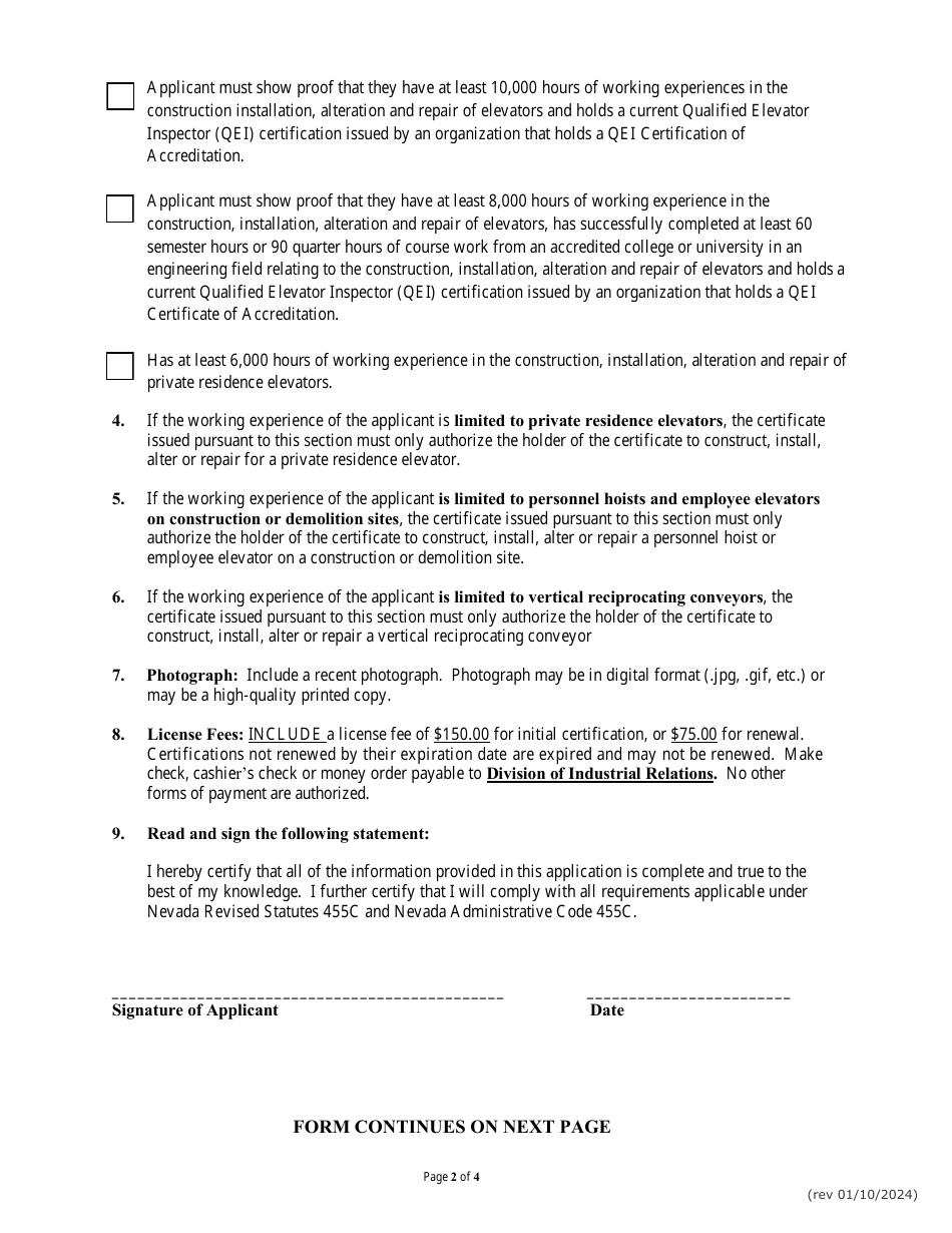 Application for Issuance or Renewal of a Certificate to Work as an Elevator Mechanic - Nevada, Page 2