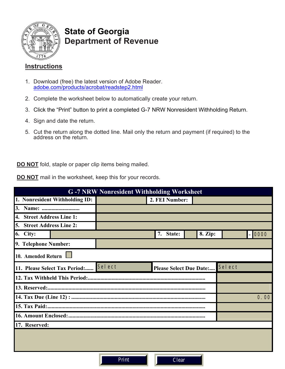 Form G-7 NRW Nonresident Withholding Return - Georgia (United States), Page 1