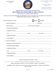 Document preview: Application for Issuance or Renewal of a Certificate to Work as a Boiler/Pressure Vessel Special Inspector - Nevada