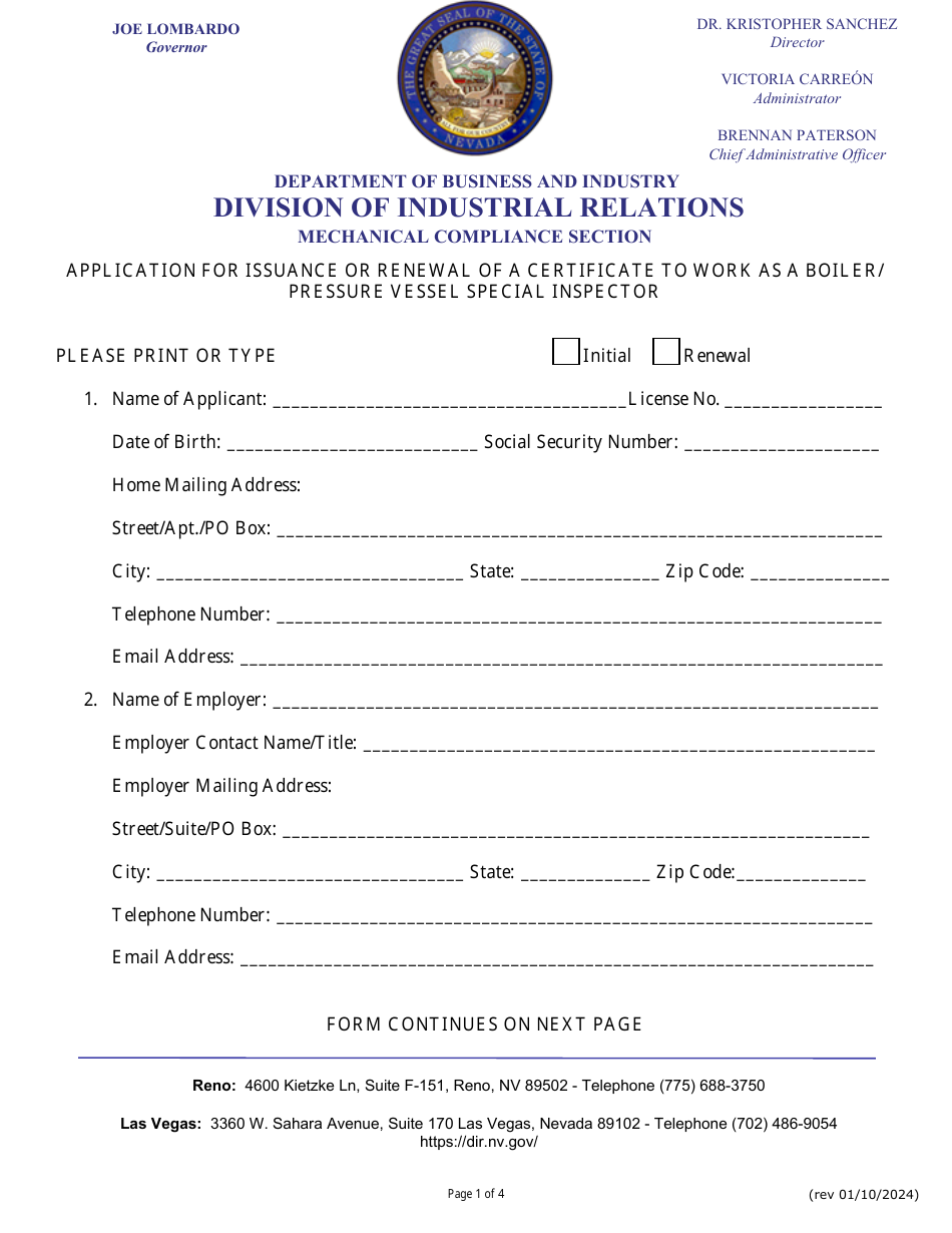 Application for Issuance or Renewal of a Certificate to Work as a Boiler / Pressure Vessel Special Inspector - Nevada, Page 1