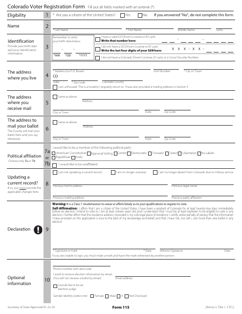 Colorado Voter Registration Form - Colorado
