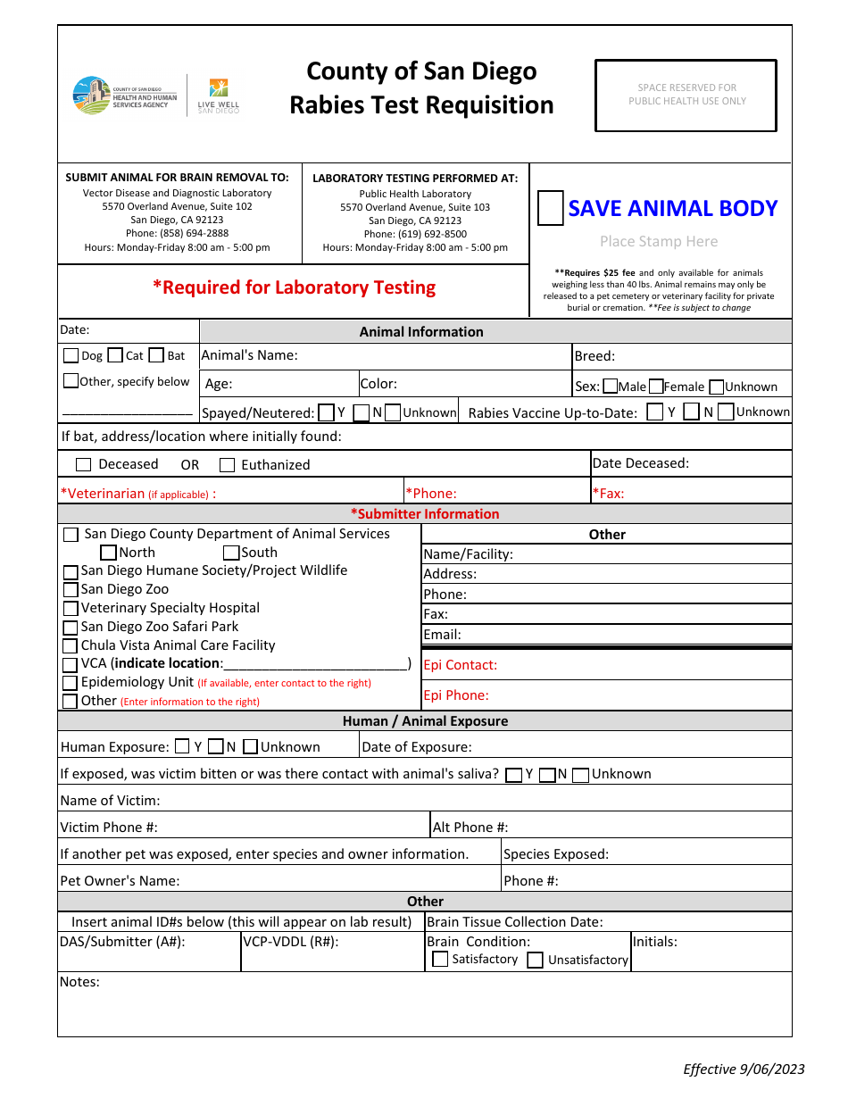Rabies Test Requisition - County of San Diego, California, Page 1