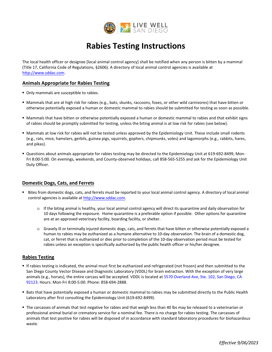 Rabies Test Requisition - County of San Diego, California, Page 2