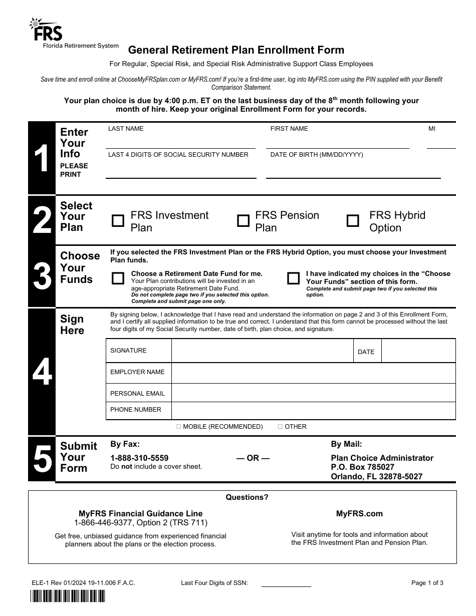 Form ELE-1 General Retirement Plan Enrollment Form - Florida, Page 1