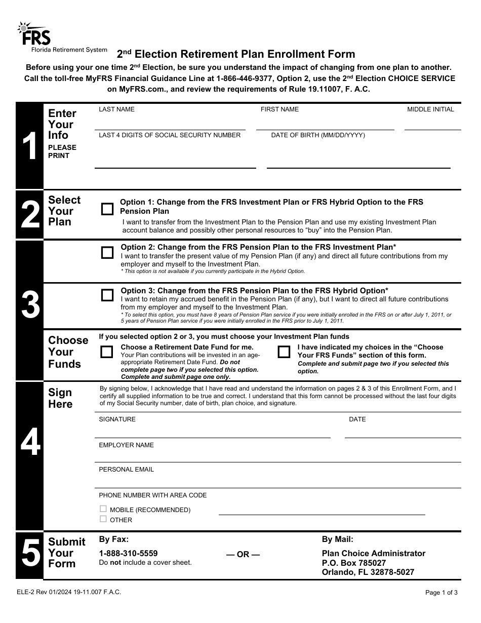 Form ELE-2 Second Election Retirement Plan Enrollment Form - Florida, Page 1