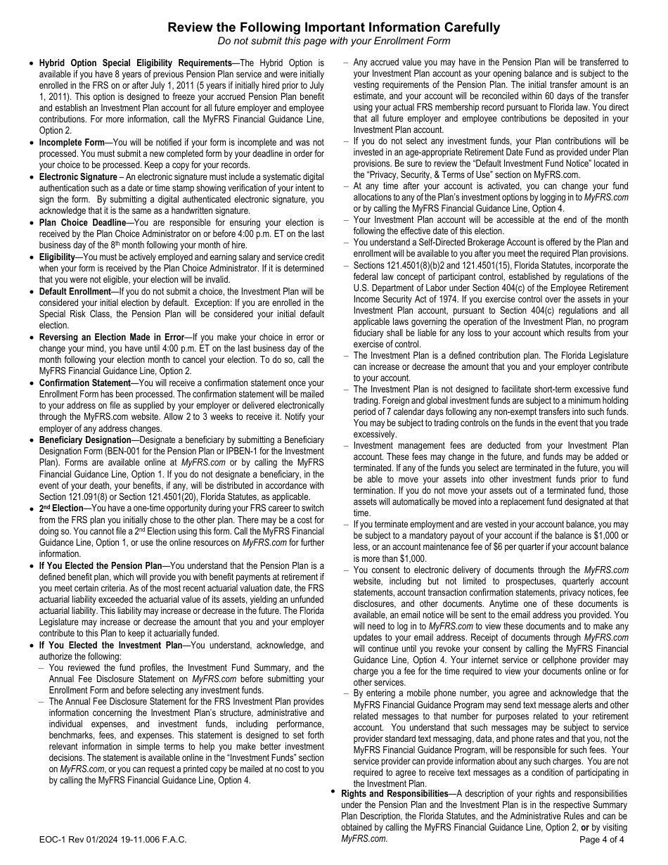 Form EOC-1 Elected Officers Class Retirement Plan Enrollment Form - Florida, Page 4