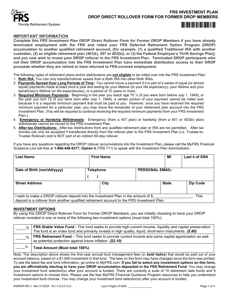 Form IPDROP-RO-1 Frs Investment Plan Drop Direct Rollover Form for Former Drop Members - Florida, Page 1