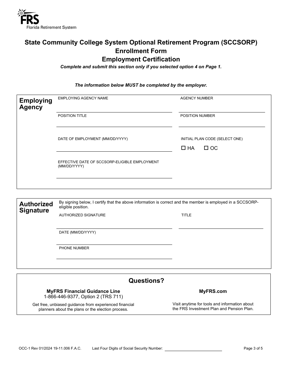 Form OCC-1 Enrollment Form - State Community College System Optional Retirement Program (Sccsorp) - Florida, Page 3
