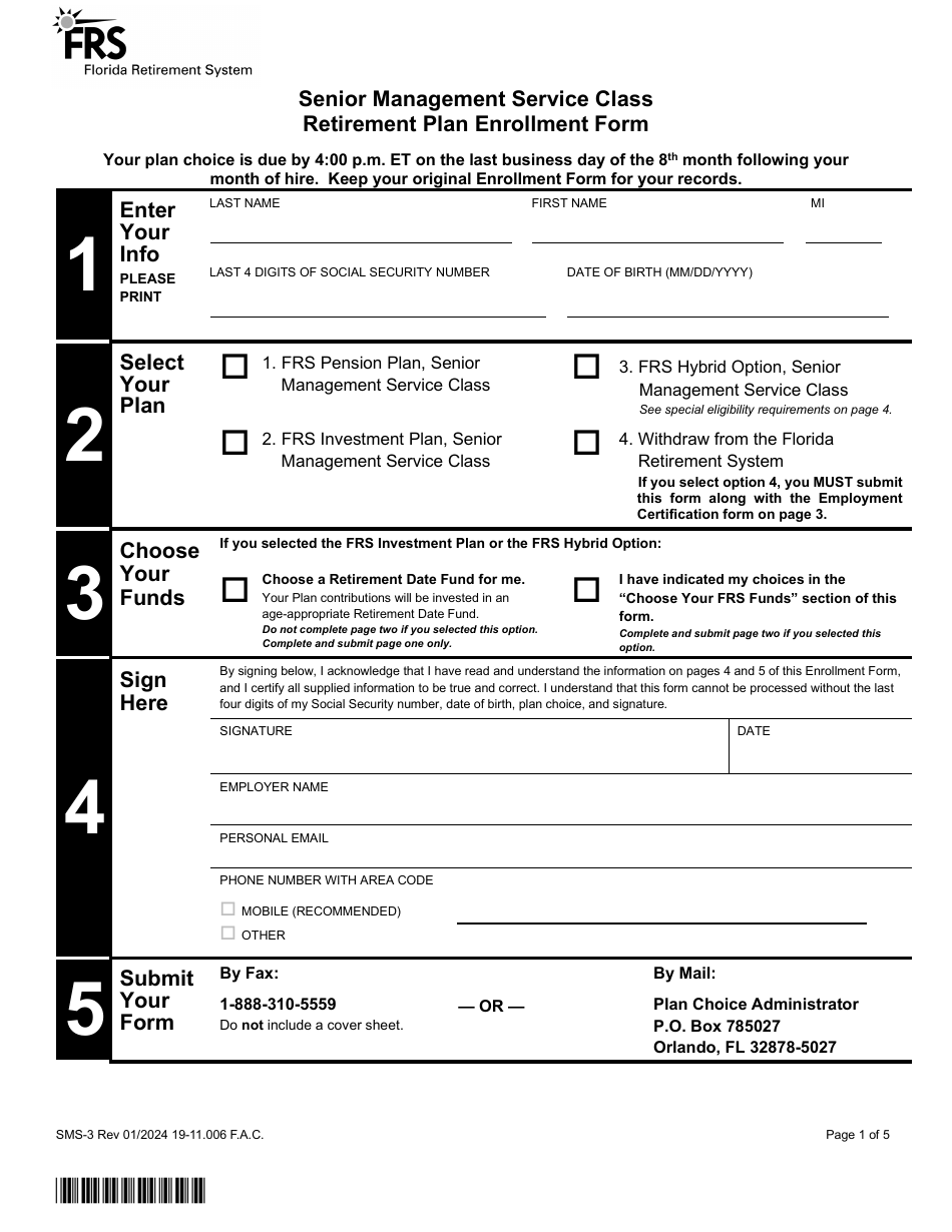 Form SMS-3 Senior Management Service Class Retirement Plan Enrollment Form - Florida, Page 1