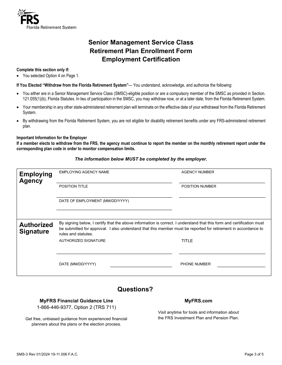 Form SMS-3 Senior Management Service Class Retirement Plan Enrollment Form - Florida, Page 3