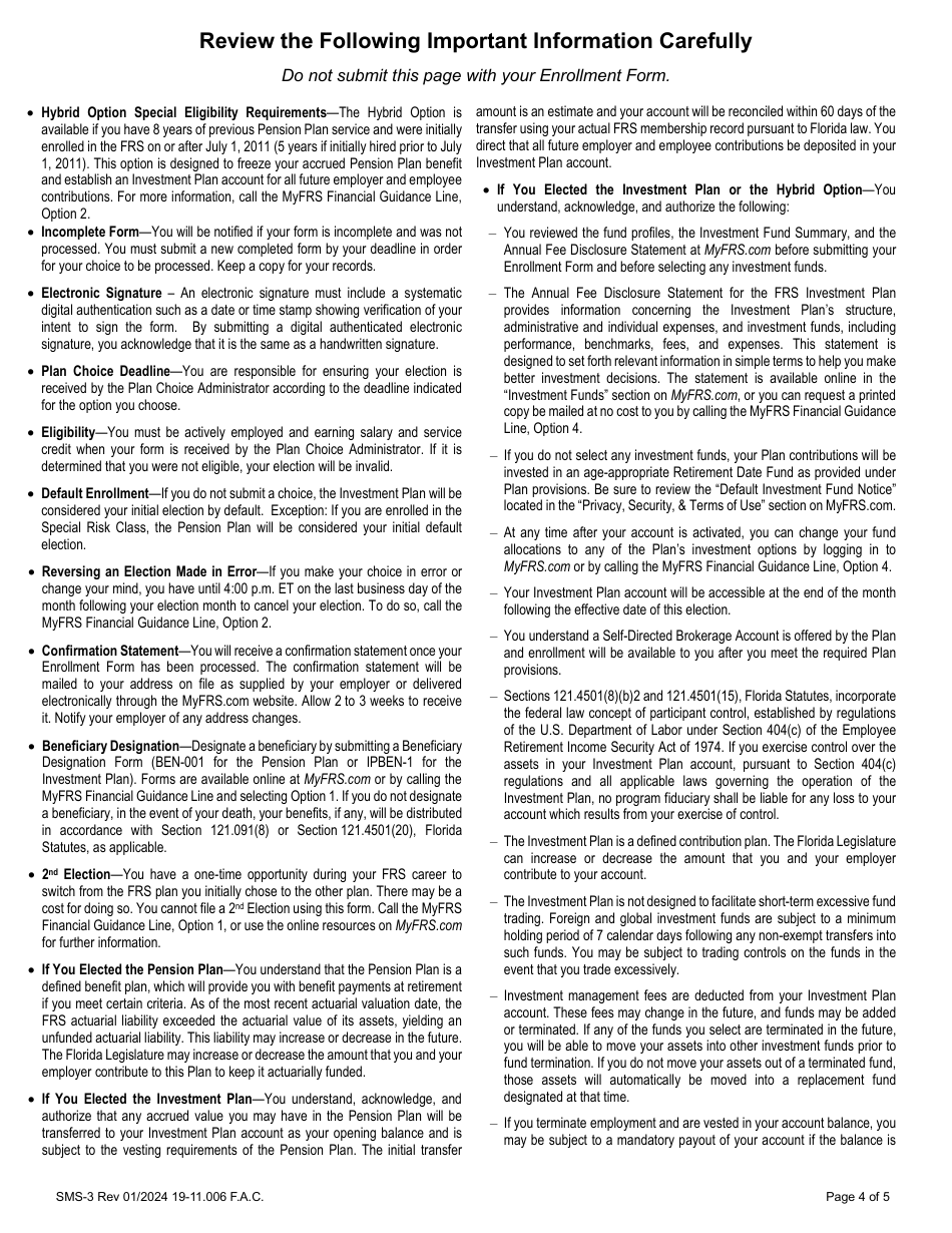 Form SMS-3 Senior Management Service Class Retirement Plan Enrollment Form - Florida, Page 4