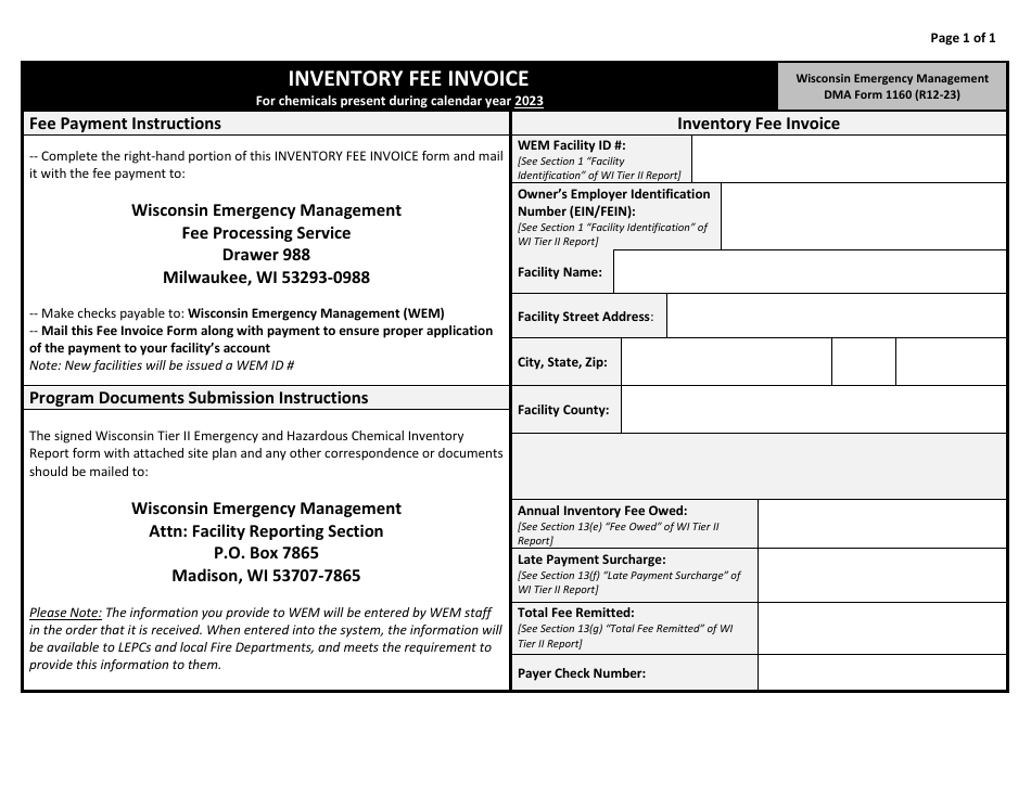 DMA Form 1160 Inventory Fee Invoice - Wisconsin, Page 1