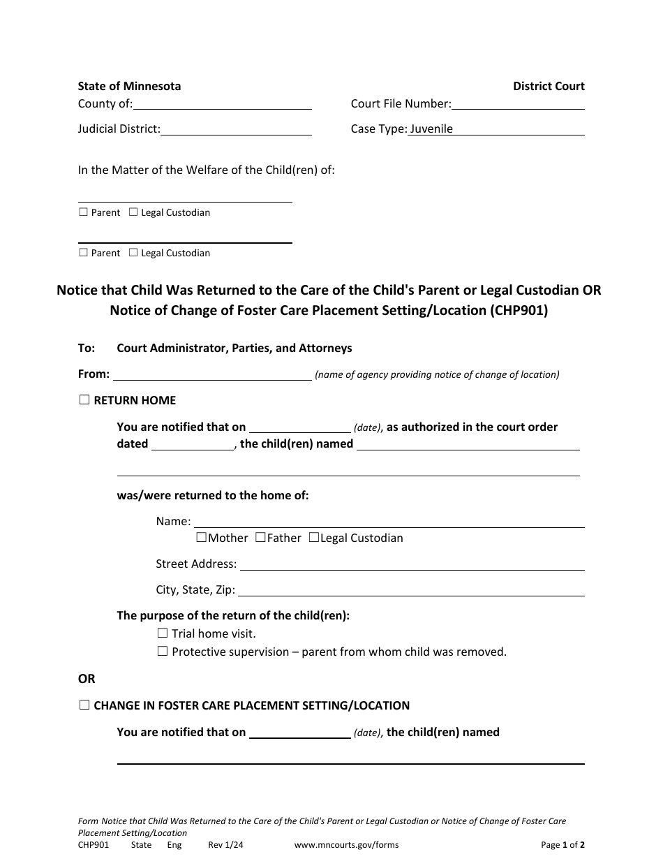 Form CHP901 Notice That Child Was Returned to the Care of the Childs Parent or Legal Custodian or Notice of Change of Foster Care Placement Setting / Location - Minnesota, Page 1