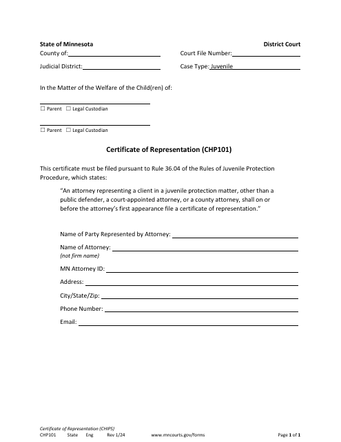 Form CHP101 Certificate of Representation - Minnesota
