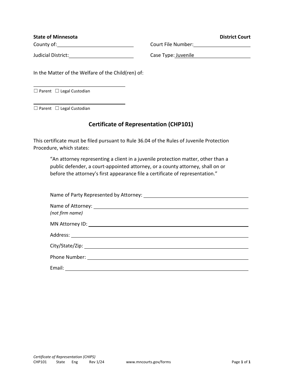 Form CHP101 Certificate of Representation - Minnesota, Page 1
