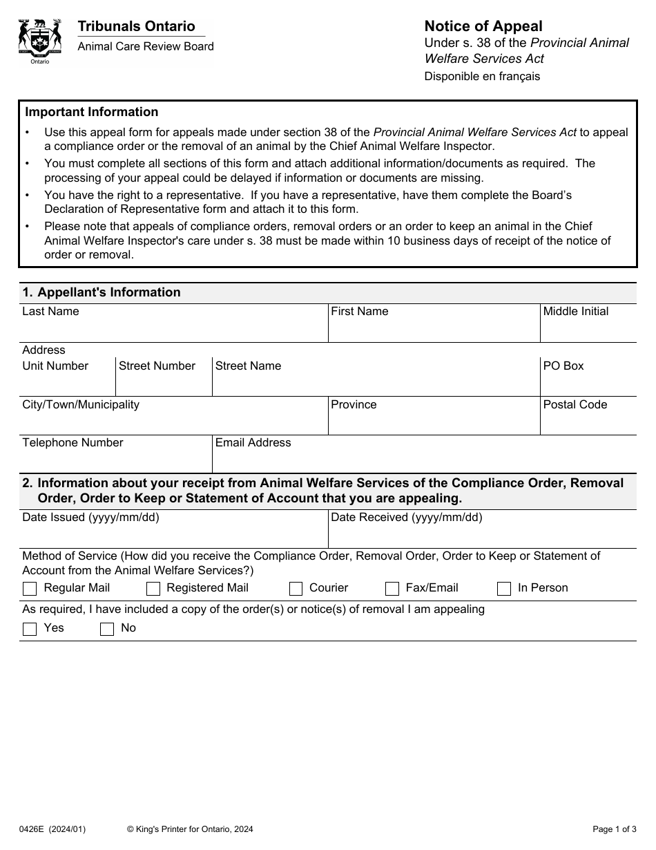 Form 0426E Download Fillable PDF Or Fill Online Notice Of Appeal   Form 0426e Notice Of Appeal Ontario Canada Print Big 