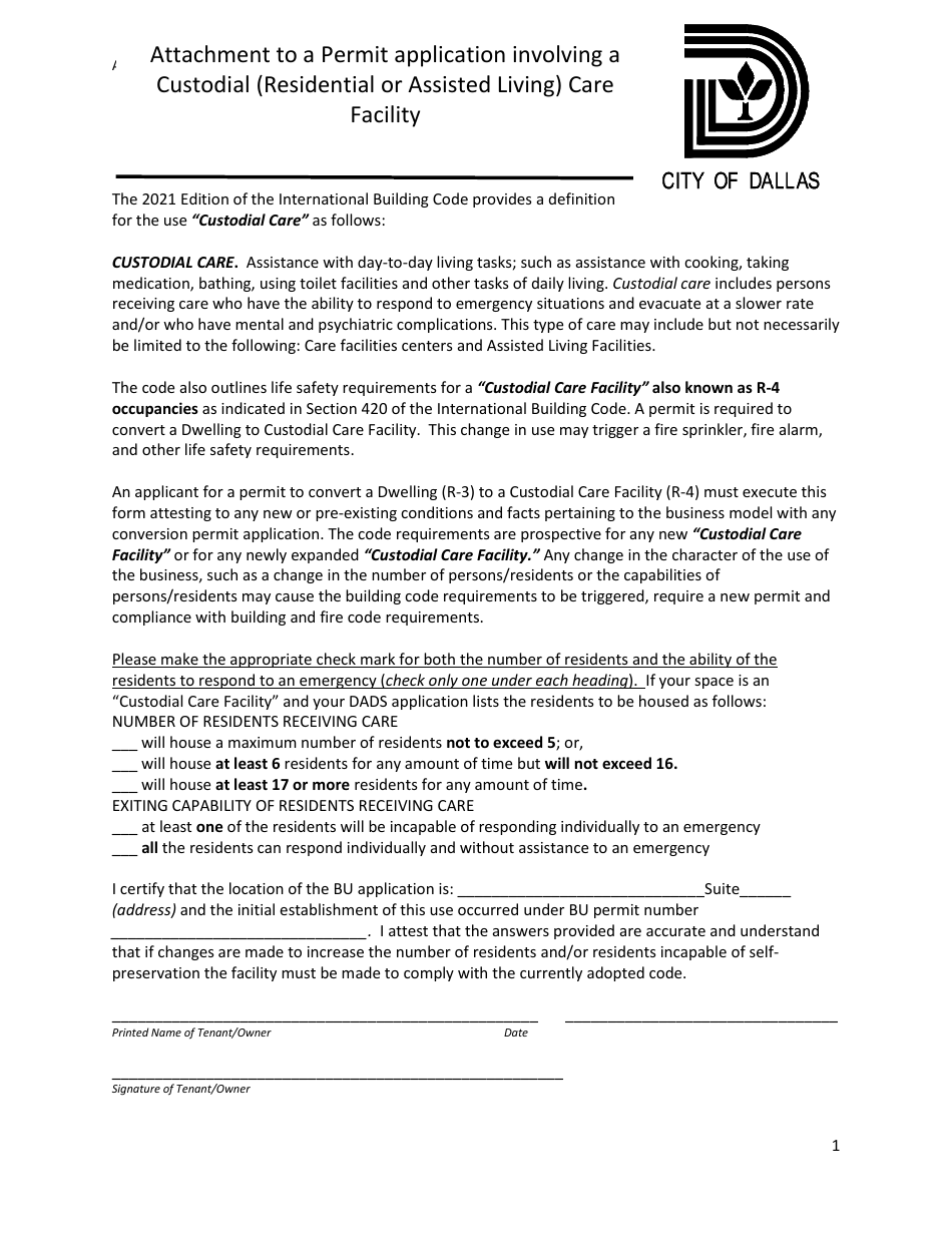 Attachment to a Permit Application Involving a Custodial (Residential or Assisted Living) Care Facility - City of Dallas, Texas, Page 1