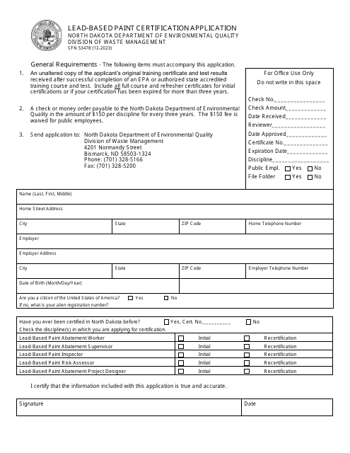 Form SFN53478 Lead-Based Paint Certification Application - North Dakota