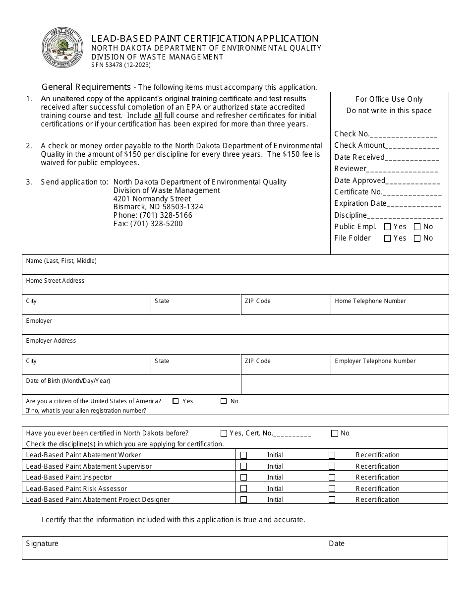 Form SFN53478 Lead-Based Paint Certification Application - North Dakota, Page 1