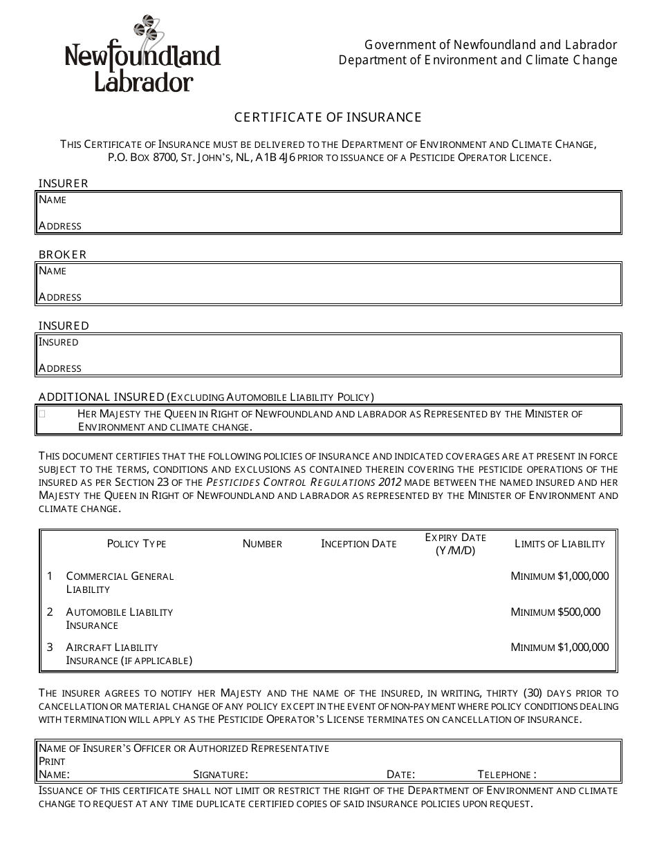Certificate of Insurance - Newfoundland and Labrador, Canada, Page 1