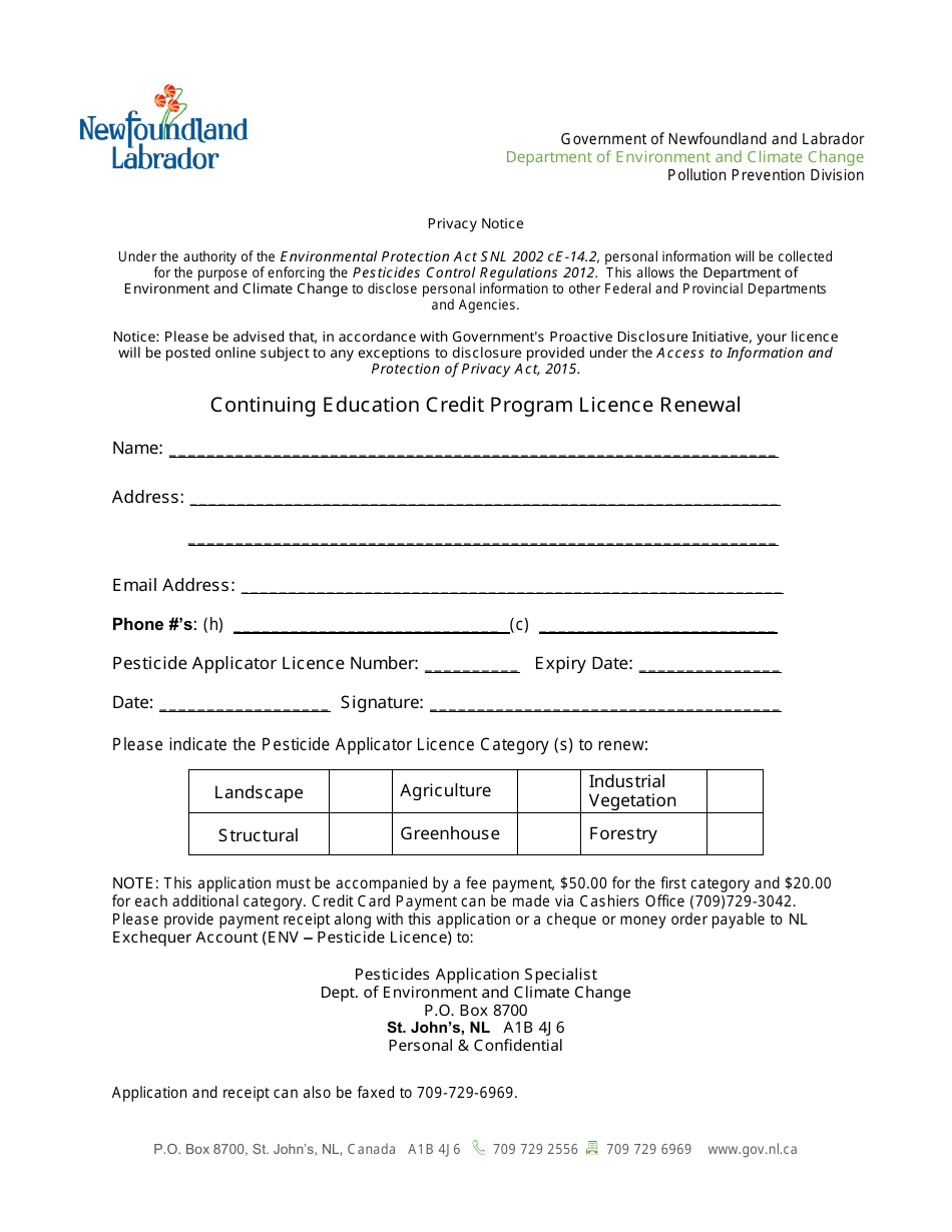 Continuing Education Credit Program Licence Renewal - Newfoundland and Labrador, Canada, Page 1