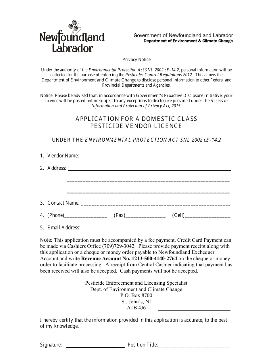 Application for a Domestic Class Pesticide Vendor Licence - Newfoundland and Labrador, Canada, Page 1