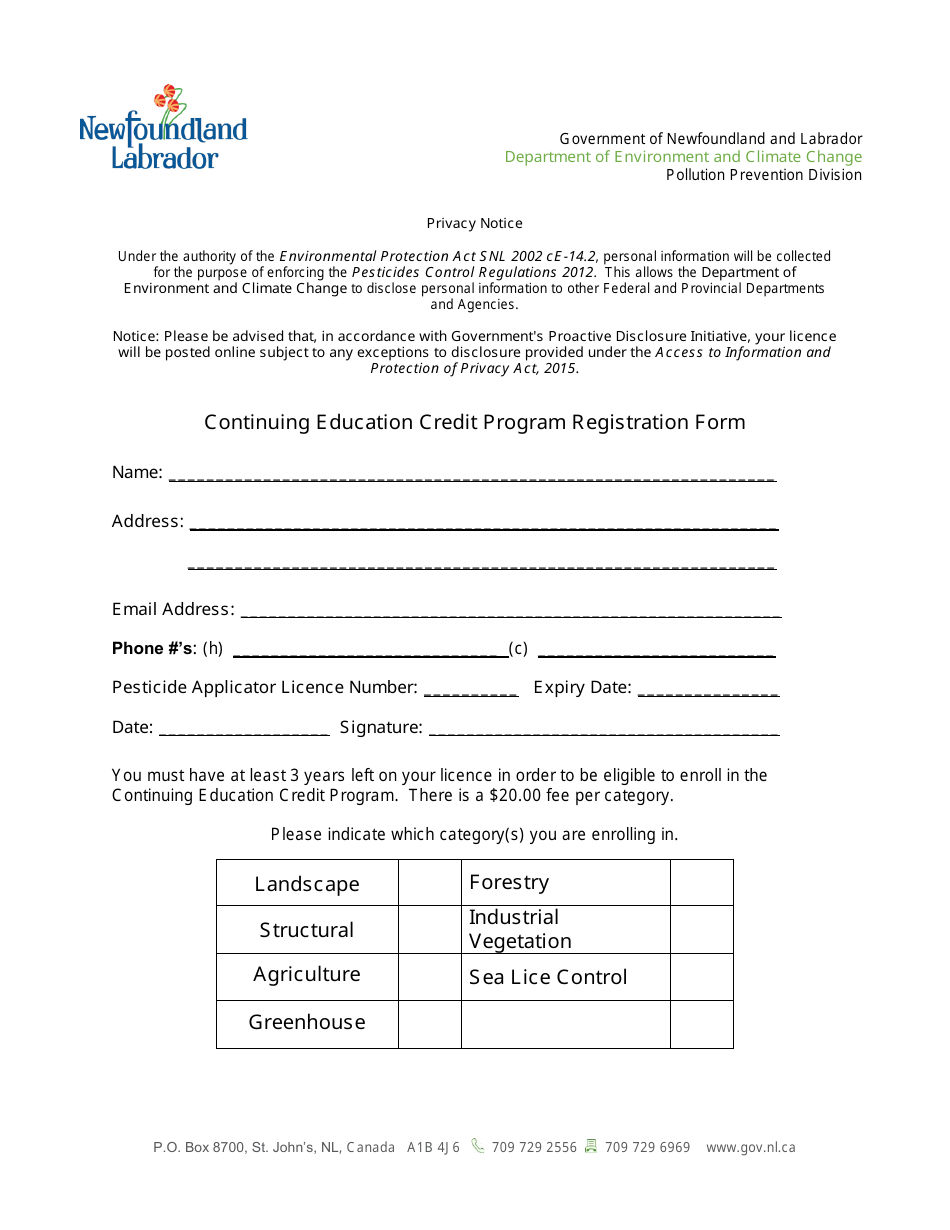 Continuing Education Credit Program Registration Form - Newfoundland and Labrador, Canada, Page 1