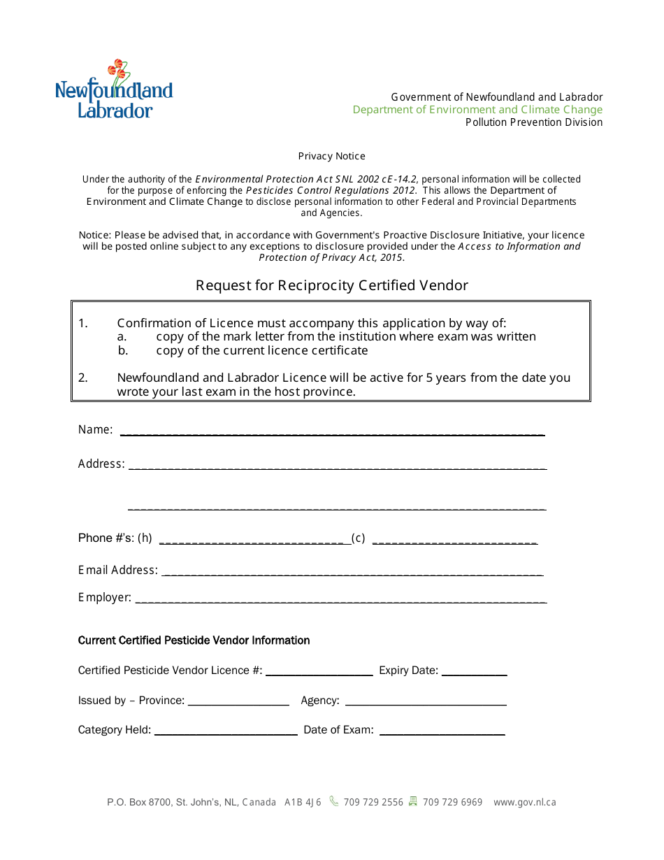 Request for Reciprocity Certified Vendor - Newfoundland and Labrador, Canada, Page 1