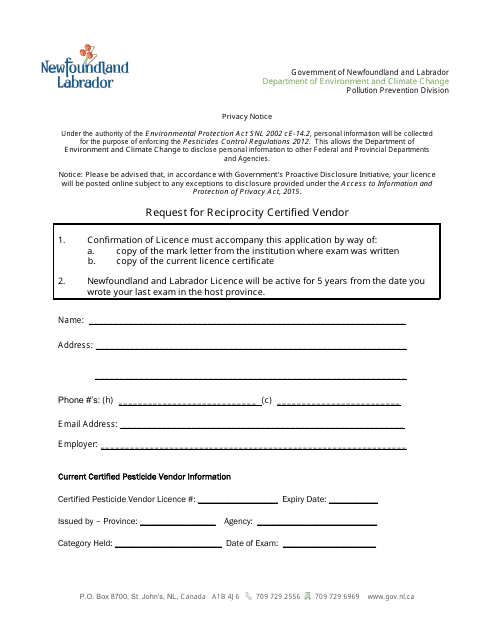 Request for Reciprocity Certified Vendor - Newfoundland and Labrador, Canada